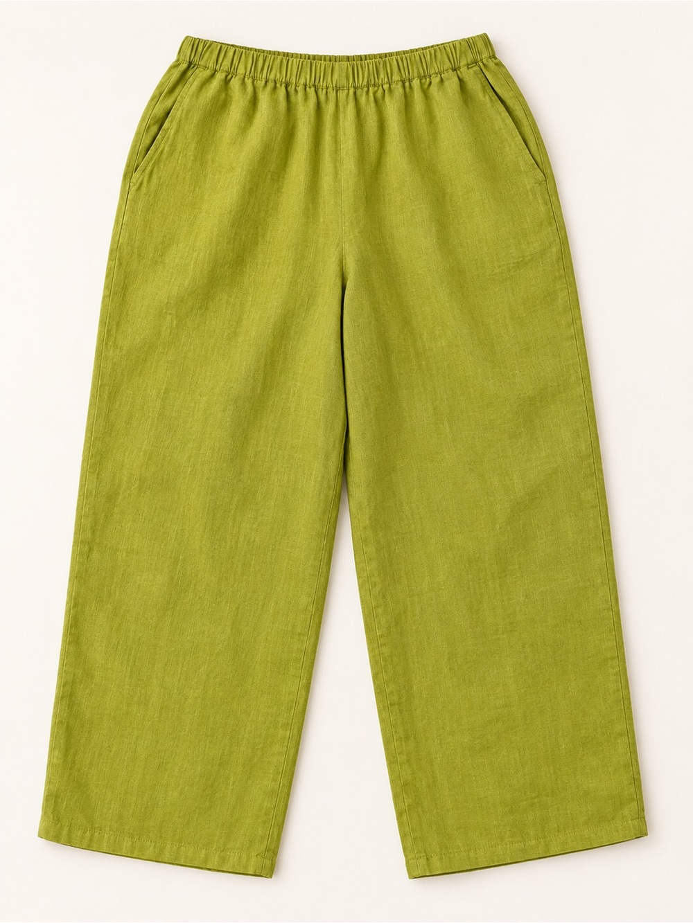 Flax 100% Linen Lime Green Wide-Leg Elastic-Waist Pants